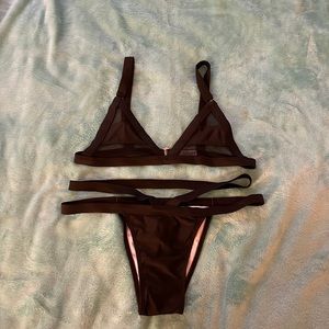 Zaful black mesh top bikini w/ double strap bottoms